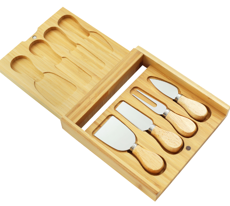 HS4114 Juego de cuchillos para queso de madera de roble de 5 piezas con tabla para queso