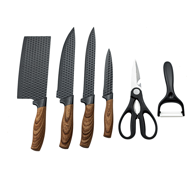 Juego de cuchillos de cocina martillados de 6 piezas con mango de madera