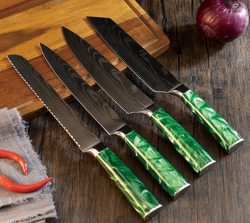 Cuchillo para cortar con hoja de acero de Damasco y mango de resina