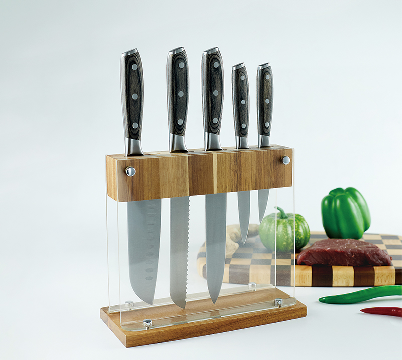 HS3009 Juego de cuchillos de cocina forjados con mango de nogal de alta calidad, 6 piezas, con mader