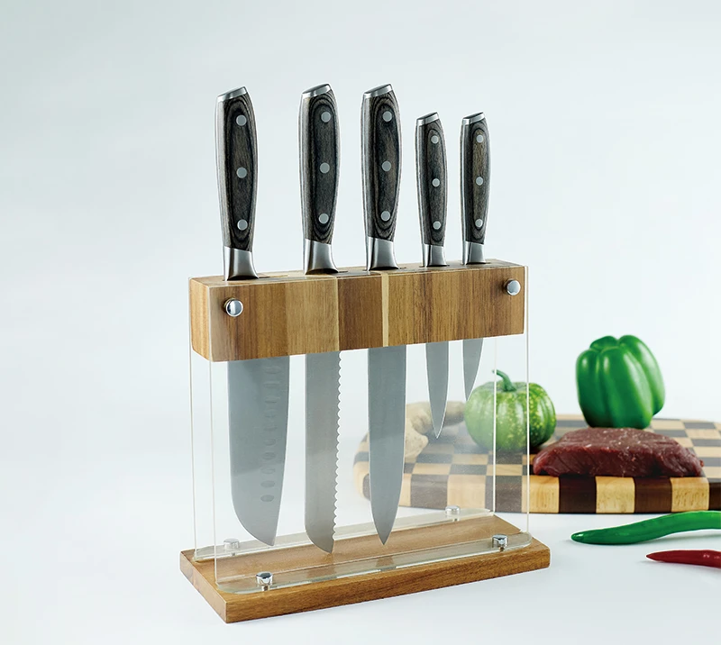 HS3009 Juego de cuchillos de cocina forjados con mango de nogal de alta calidad, 6 piezas, con mader