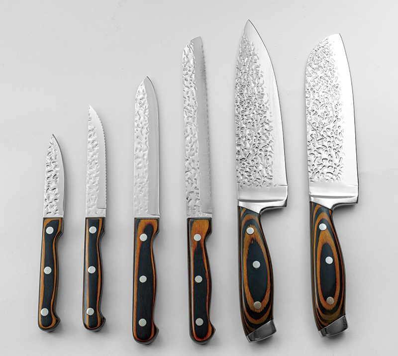 HS3078 Juego de 7 cuchillos de cocina con mango de madera y doble hoja con dise&ntilde;o de martillo y made