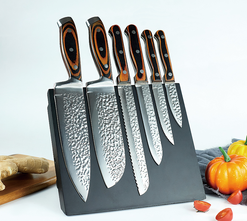 HS3078 Juego de 7 cuchillos de cocina con mango de madera y doble hoja con dise&ntilde;o de martillo y made