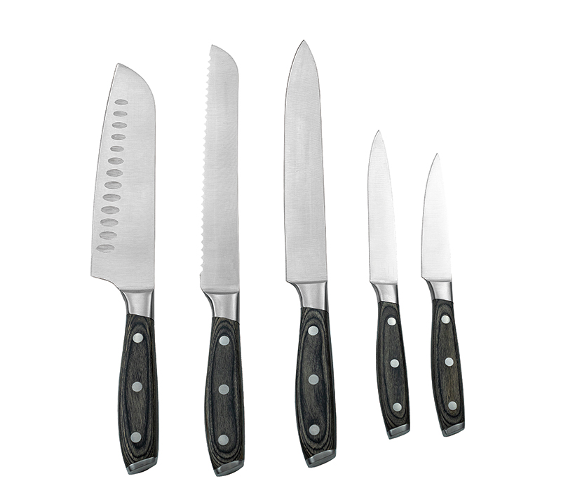 HS3009 Juego de cuchillos de cocina forjados con mango de nogal de alta calidad, 6 piezas, con mader