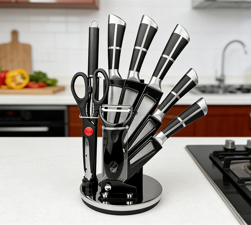 Juego de cuchillos de cocina de 9 piezas con mango hueco de acero inoxidable HS2009 y soporte para c