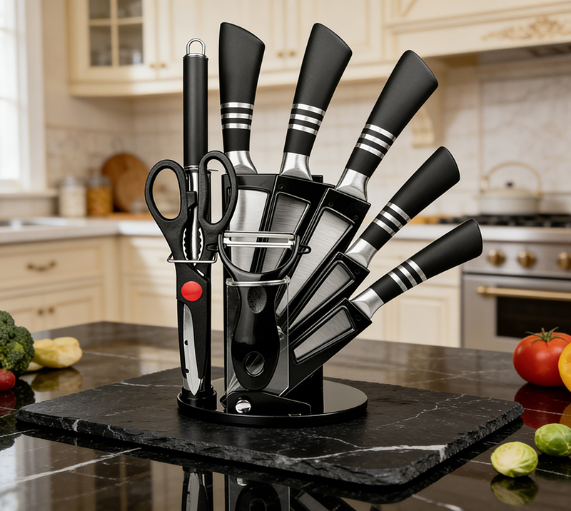 Juego de cuchillos de cocina de acero inoxidable HS2007, juego de cuchillos de cocina de 9 piezas co