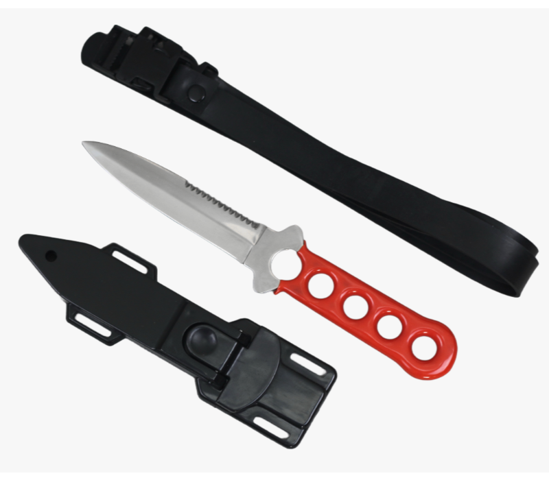 Cuchillo de buceo de acero inoxidable FK43A -ococl con mango y correa para la pierna rojos, cuchillo