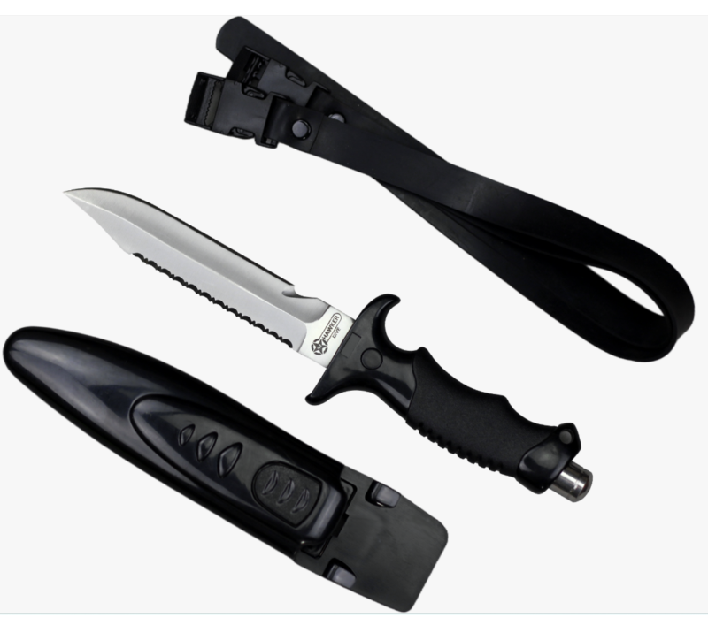 Cuchillo de buceo semidentado de acero inoxidable FK40 con funda y correa para la pierna