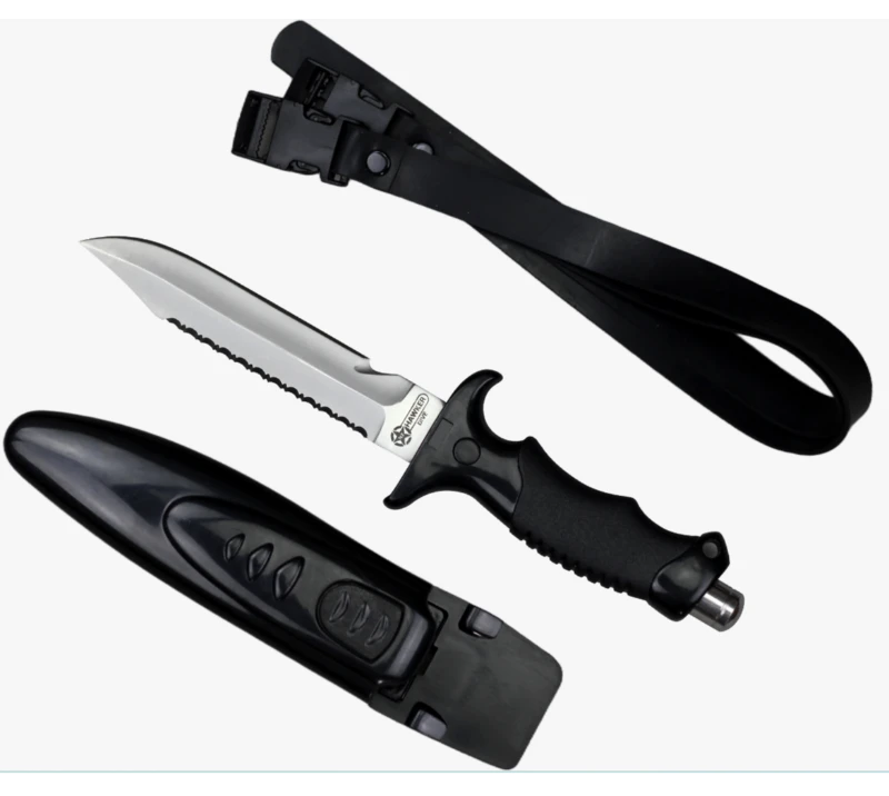 Cuchillo de buceo semidentado de acero inoxidable FK40 con funda y correa para la pierna