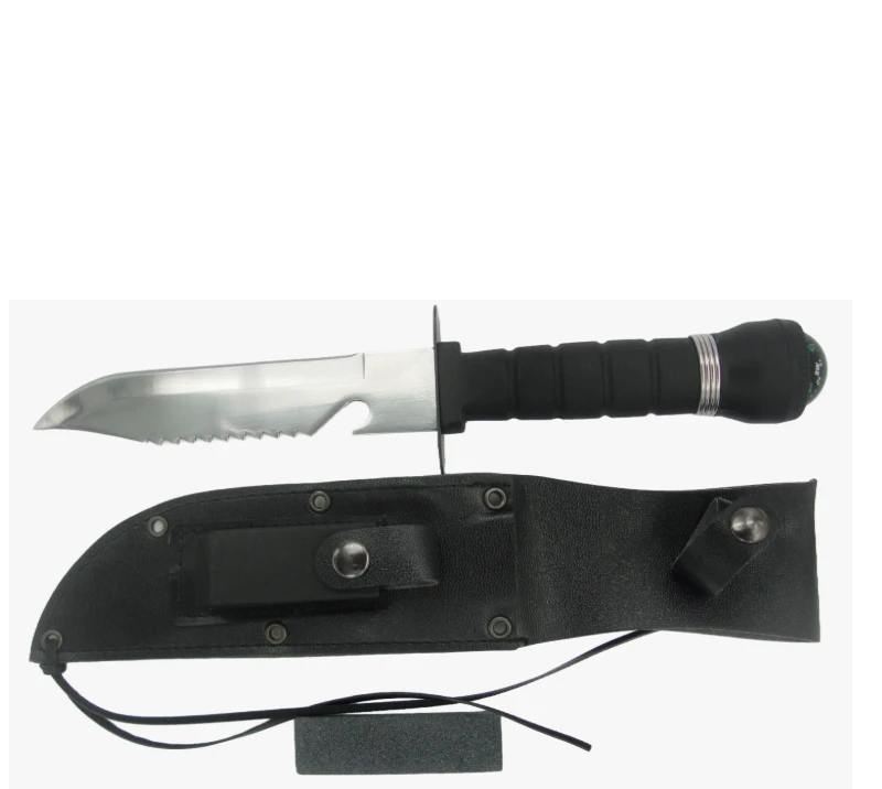 Cuchillo de supervivencia FK13 con br&uacute;jula y funda, cuchillo de caza dentado de acero inoxidable par