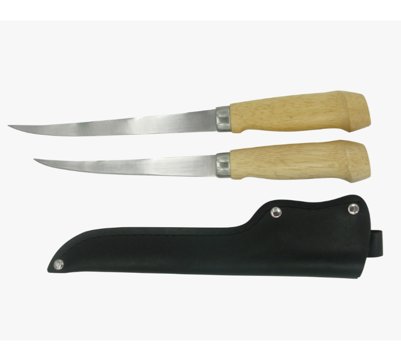 Juego de 2 cuchillos para filetear de acero inoxidable FK34 con funda de cuero, mango de madera y ho