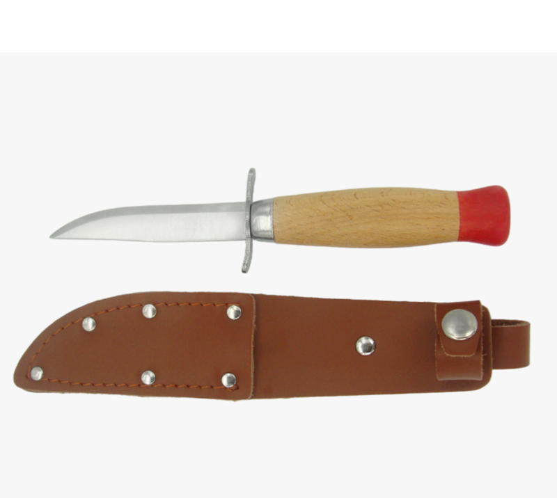 Cuchillo de exterior de acero inoxidable FK86 con mango de madera y funda de seguridad de PU
