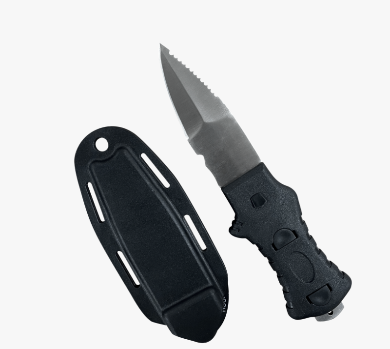 Cuchillo de buceo de acero inoxidable FK266 con borde semidentado, mango de ABS y funda de PP