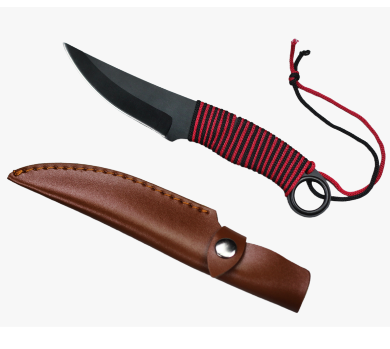Cuchillo de caza de hoja fija FK276 con hoja curva, mango envuelto en Paracord y funda de PU