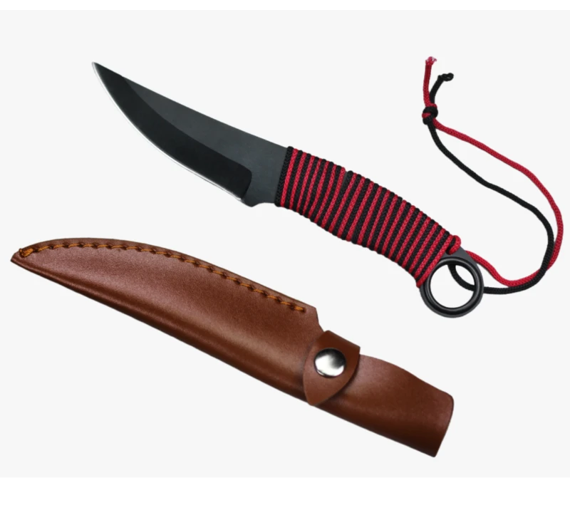Cuchillo de caza de hoja fija FK276 con hoja curva, mango envuelto en Paracord y funda de PU