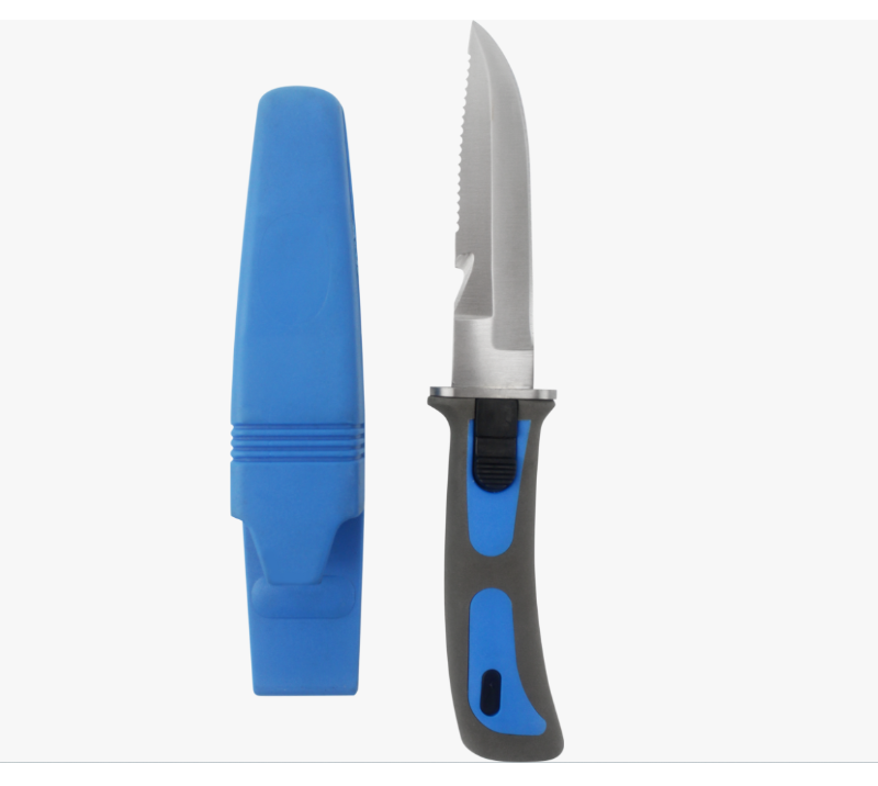 Cuchillo de pesca con hoja dentada y mango azul gris&aacute;ceo S1005 con funda