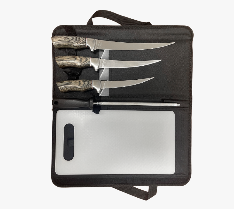 FKS40-06 Juego de cuchillos para filetear de 5 piezas con mango de madera, bolsa enrollable y tabla
