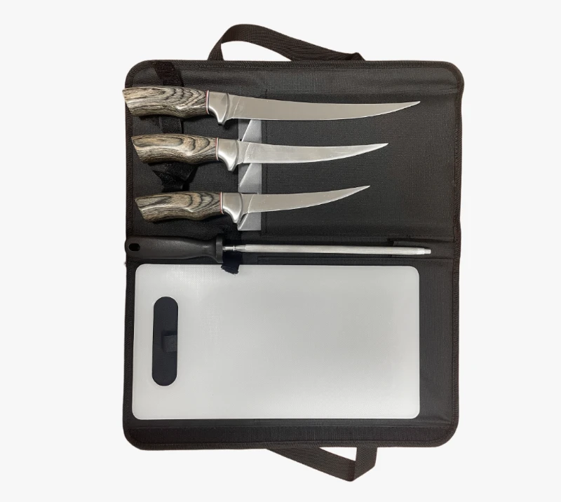 FKS40-06 Juego de cuchillos para filetear de 5 piezas con mango de madera, bolsa enrollable y tabla
