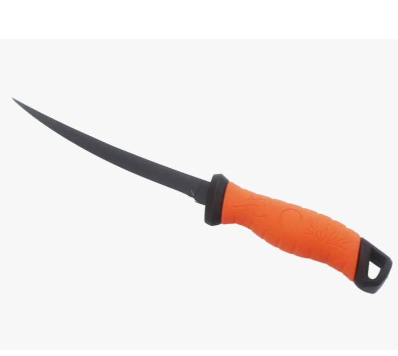 S2027 Cuchillo para filetear con hoja curva y mango naranja, cuchillo de pesca de acero inoxidable c