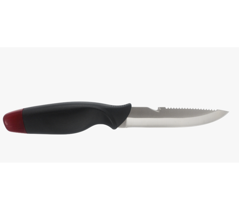 Cuchillo de hoja fija dentada con mango de pl&aacute;stico rojo y negro S1029, cuchillo de caza y pesca con