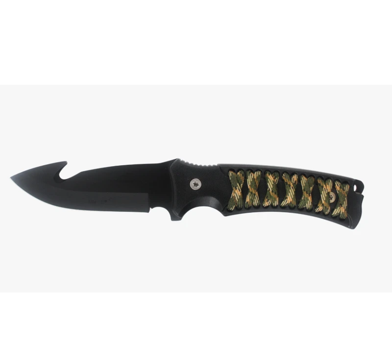 Cuchillo de caza con gancho para tripas y hoja curva negra S1013, cuchillo de supervivencia para ext