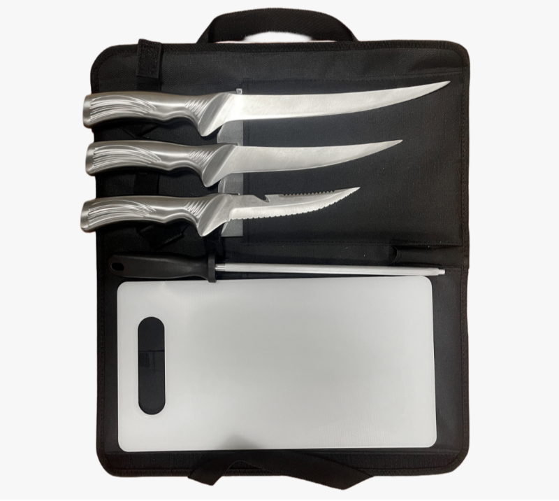 FKS39-06 Juego de 6 cuchillos para filetear para exterior con afilador, tabla de cortar y bolsa con