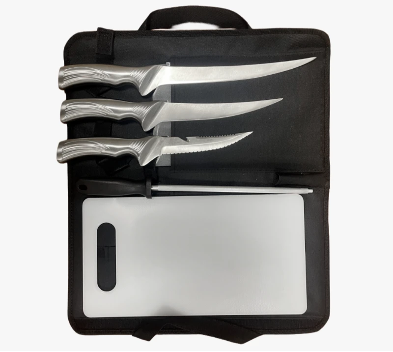 FKS39-06 Juego de 6 cuchillos para filetear para exterior con afilador, tabla de cortar y bolsa con