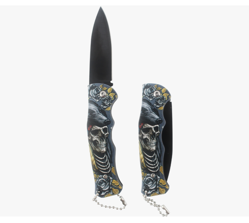 Navaja de bolsillo plegable con estampado de calavera y rosa KA086, navaja EDC de hoja negra de acer