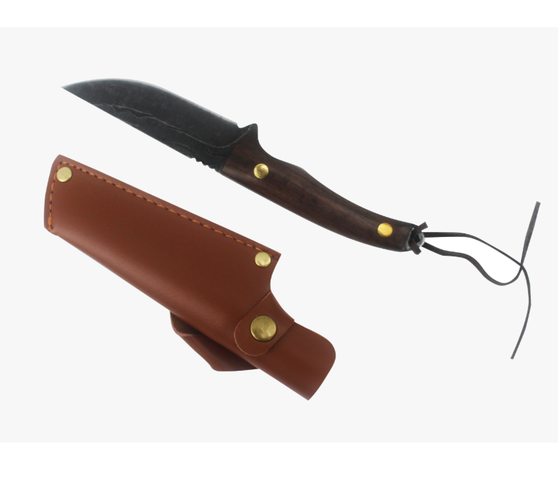 S1027 Cuchillo de caza de hoja fija forjado a mano, mango de madera con funda de cuero, cuchillo de