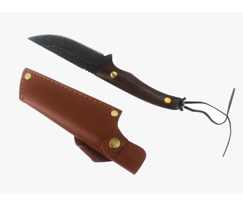 S1027 Cuchillo de caza de hoja fija forjado a mano, mango de madera con funda de cuero, cuchillo de