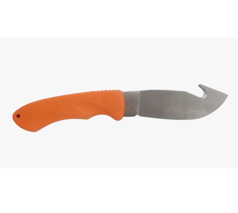 S1022 Cuchillo para desollar con gancho para tripas y mango naranja, cuchillo de caza de hoja fija y