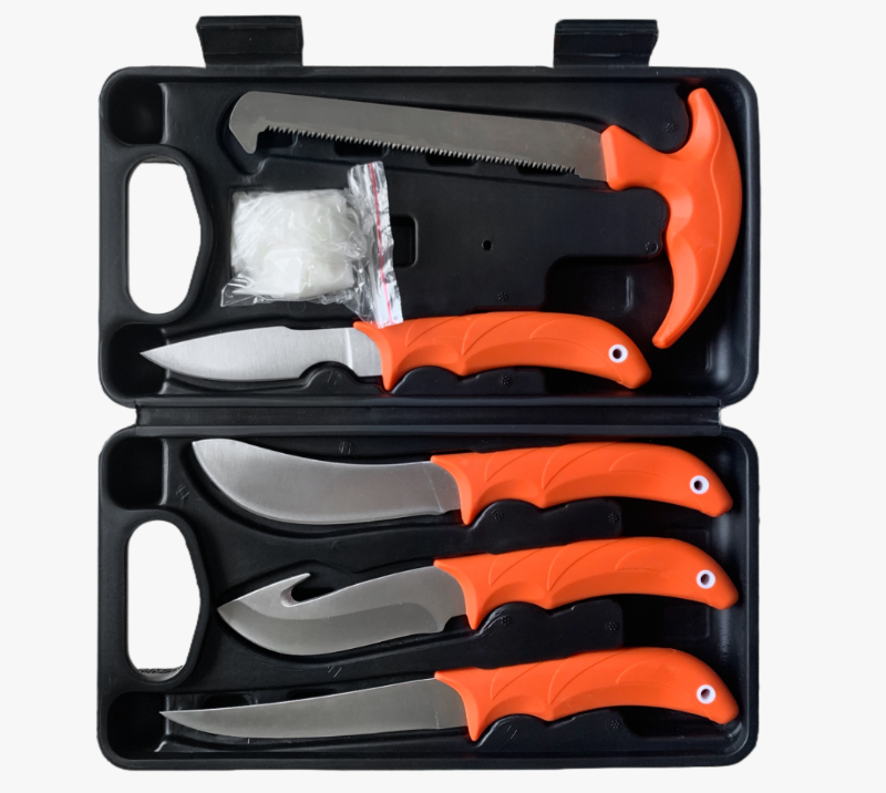 FKS33-07 Juego de 7 cuchillos de caza y pesca con estuche r&iacute;gido y kit de supervivencia para exterio
