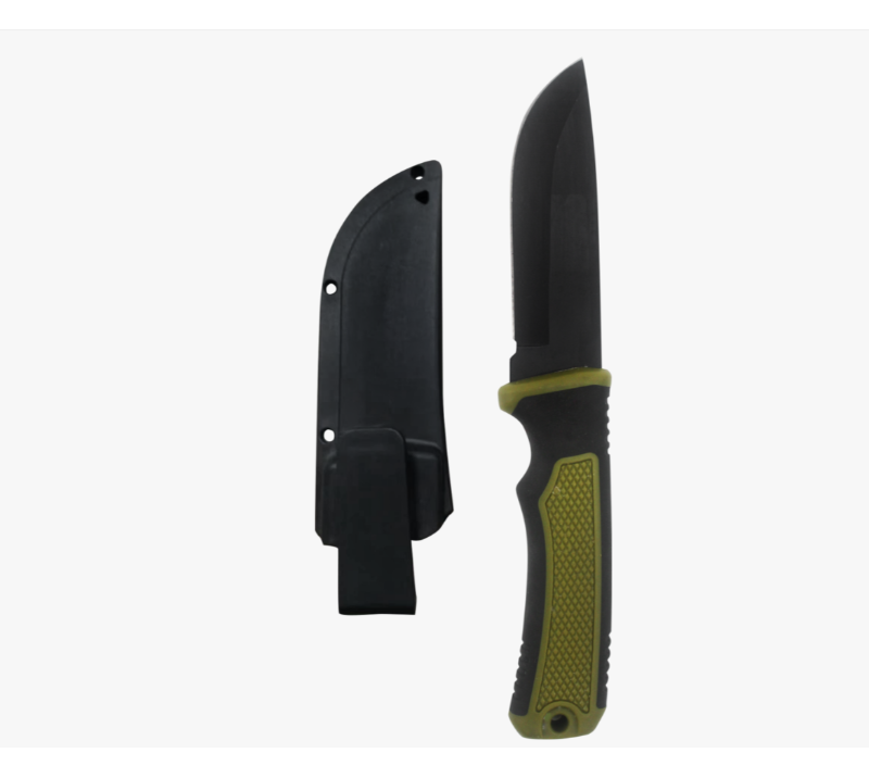 S2026 Cuchillo de caza de hoja fija con mango negro y verde, cuchillo de supervivencia de acero inox