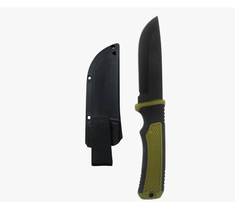 S2026 Cuchillo de caza de hoja fija con mango negro y verde, cuchillo de supervivencia de acero inox