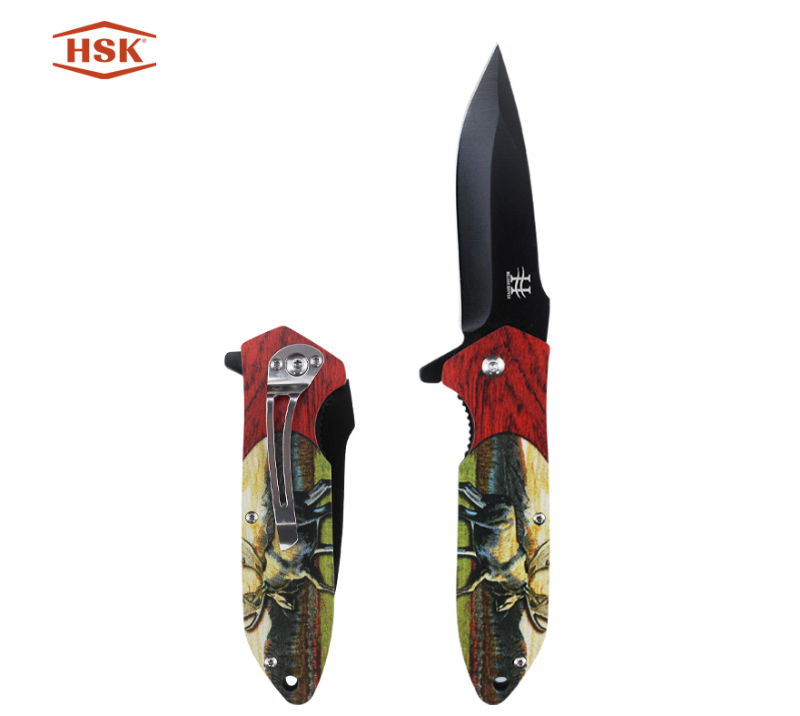 Cuchillo plegable para exteriores con dise&ntilde;o de ciervo TPK-18, hoja t&aacute;ctica negra de acero inoxidabl