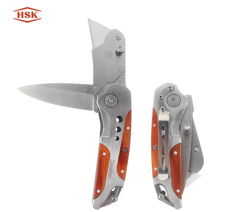 Multiherramienta de doble hoja K108: navaja multiusos plegable con mango de madera Dealfon