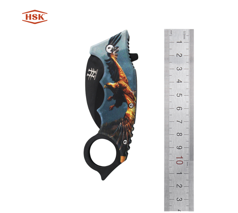 Cuchillo plegable para exterior impreso con mango de anilla TPK48, hoja de acero inoxidable negra co