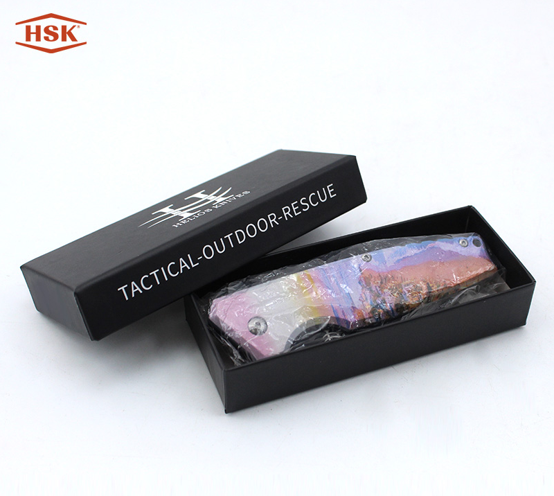 Cuchillo plegable para exteriores con dise&ntilde;o de ciervo TPK-18, hoja t&aacute;ctica negra de acero inoxidabl