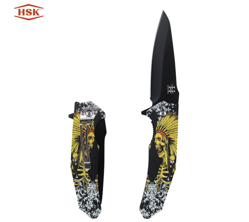 Cuchillo plegable t&aacute;ctico con dise&ntilde;o de calavera india TPK18, hoja de acero inoxidable recubierta de