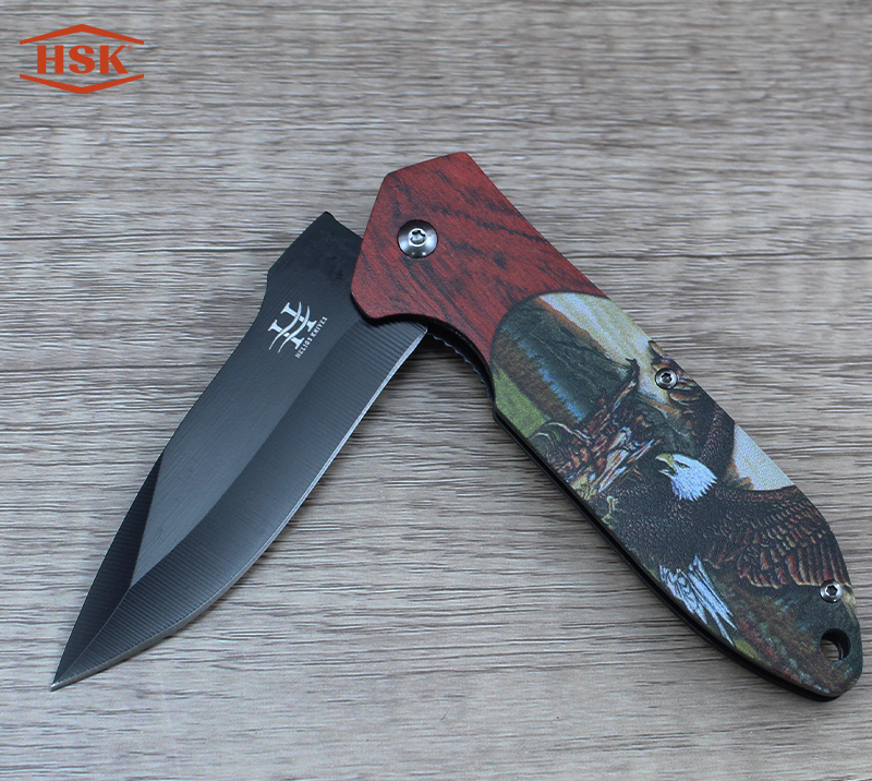Cuchillo plegable para exteriores con dise&ntilde;o de ciervo TPK-18, hoja t&aacute;ctica negra de acero inoxidabl