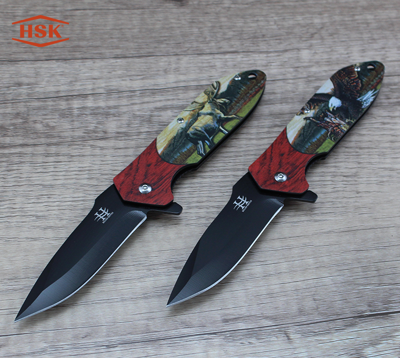 Cuchillo plegable para exteriores con dise&ntilde;o de ciervo TPK-18, hoja t&aacute;ctica negra de acero inoxidabl