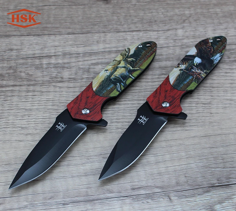 Cuchillo plegable para exteriores con dise&ntilde;o de ciervo TPK-18, hoja t&aacute;ctica negra de acero inoxidabl