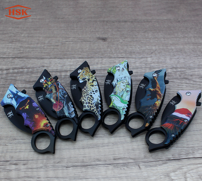 Cuchillo plegable para exterior impreso con mango de anilla TPK48, hoja de acero inoxidable negra co