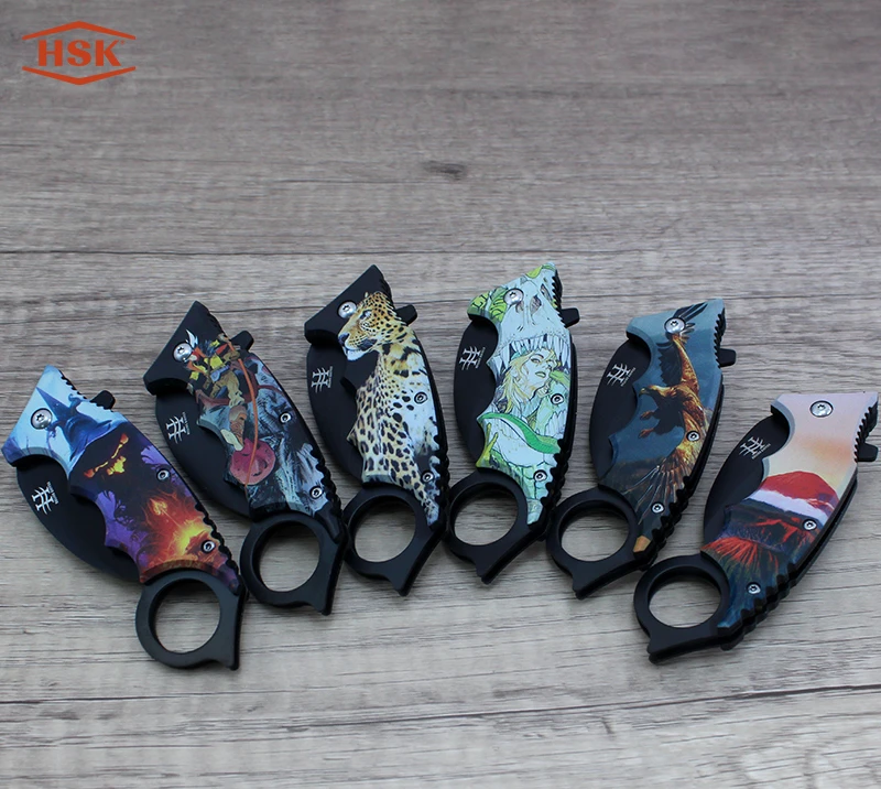 Cuchillo plegable para exterior impreso con mango de anilla TPK48, hoja de acero inoxidable negra co