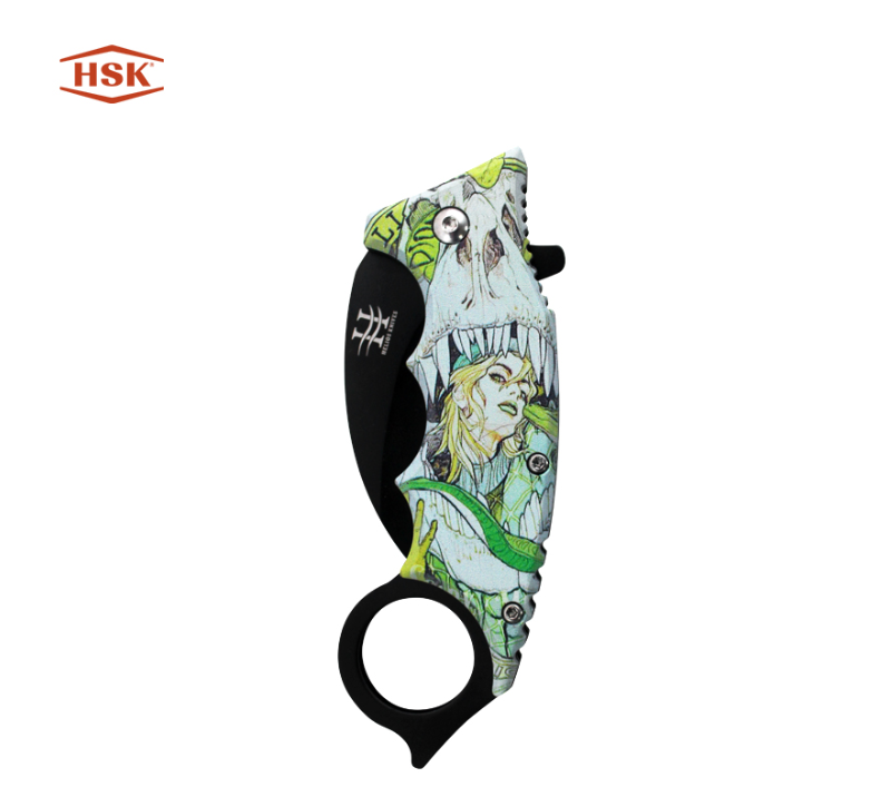 Cuchillo plegable para exterior impreso con mango de anilla TPK48, hoja de acero inoxidable negra co