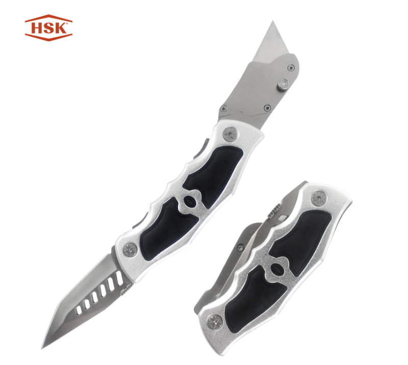 Cuchillo multiusos plegable K111 de doble cabezal, plateado y negro, cortador EDC de hoja reemplazab