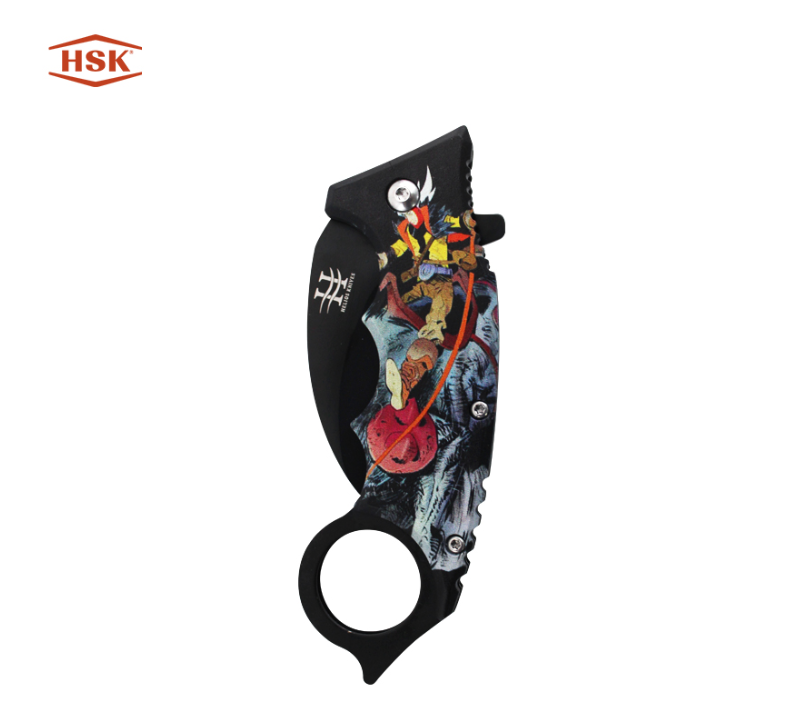 Cuchillo plegable para exterior impreso con mango de anilla TPK48, hoja de acero inoxidable negra co