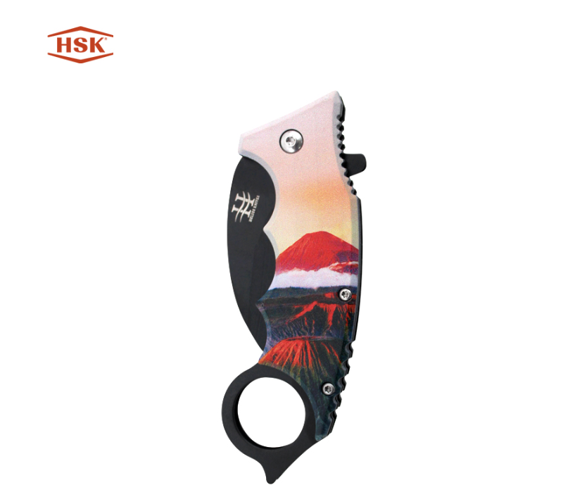 Cuchillo plegable para exterior impreso con mango de anilla TPK48, hoja de acero inoxidable negra co