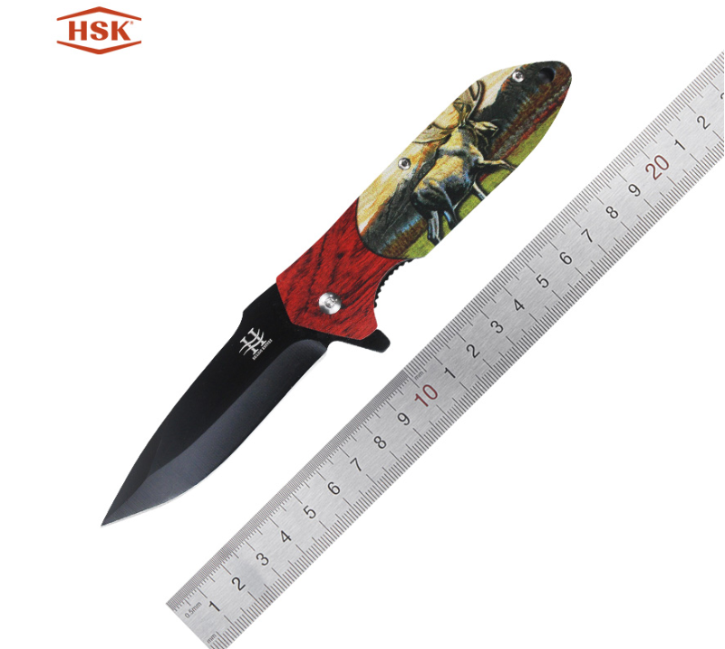 Cuchillo plegable para exteriores con dise&ntilde;o de ciervo TPK-18, hoja t&aacute;ctica negra de acero inoxidabl