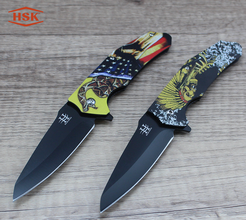 Cuchillo plegable t&aacute;ctico con dise&ntilde;o de calavera india TPK18, hoja de acero inoxidable recubierta de